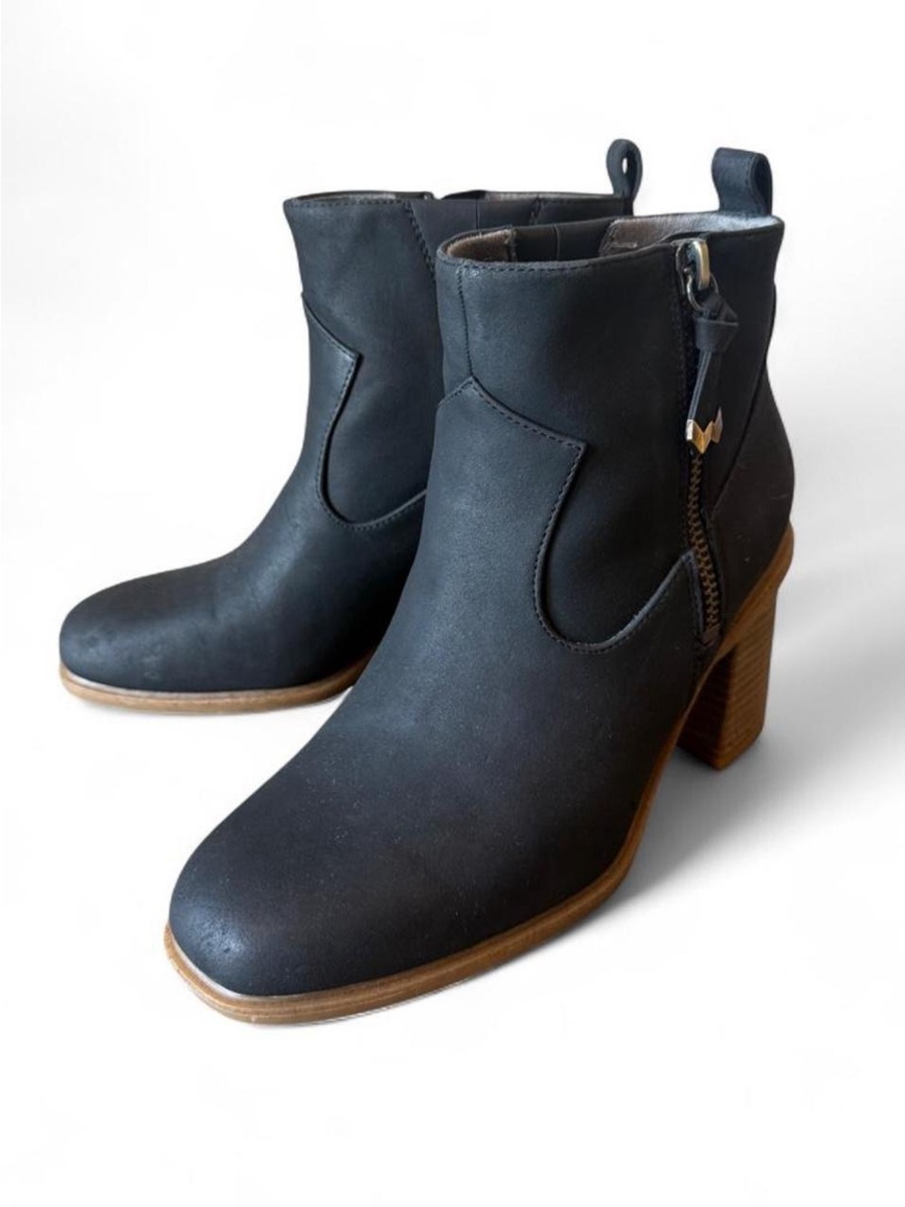 Dr. Scholl's Black Leather Ankle Boots with Brown Stacked Heel